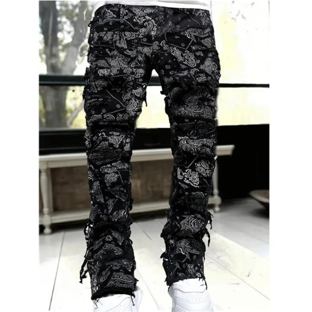 NWT Men's Black & White Paisley Ruched Stacked Jeans